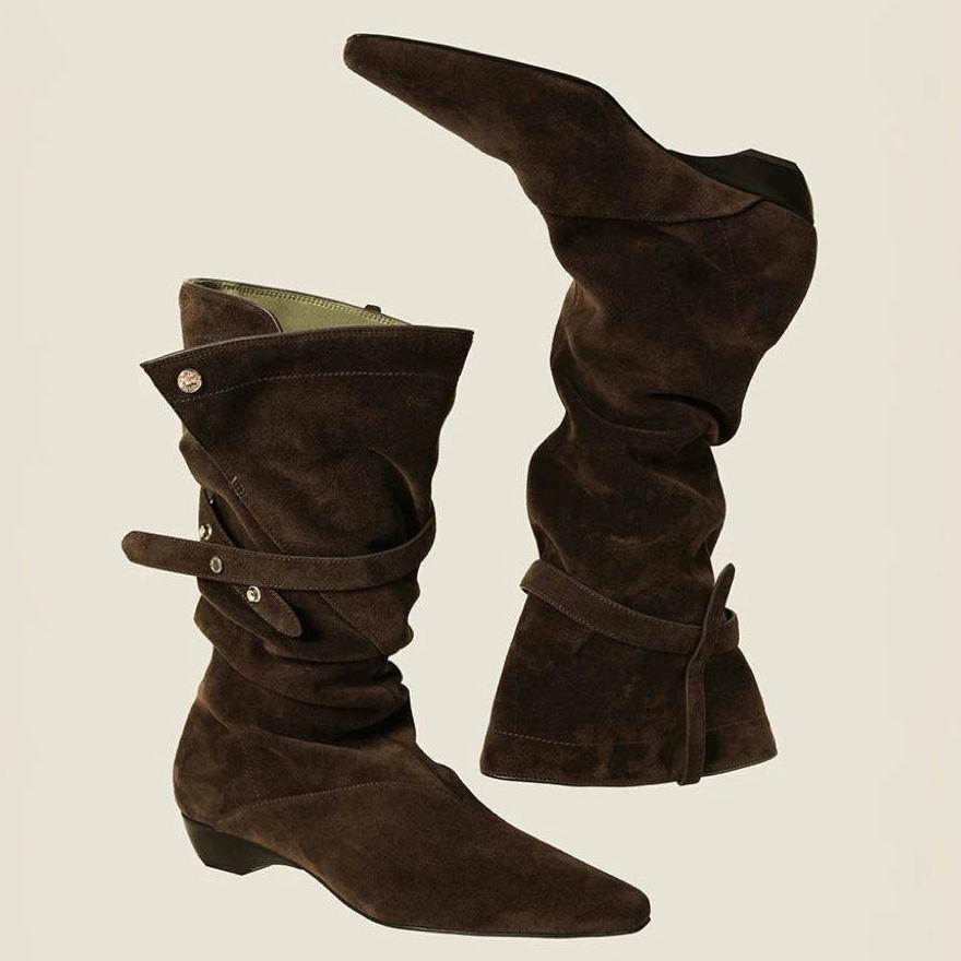 Pointed Slope Heel Western Cowboy Boots Women's 2025 Autumn and Winter New Two Wear Irregular Folded Pile Boots Medium Boots Tide