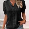 Women Top Solid Color Hollow Out Short Sleeve V-neck Shirring Daily