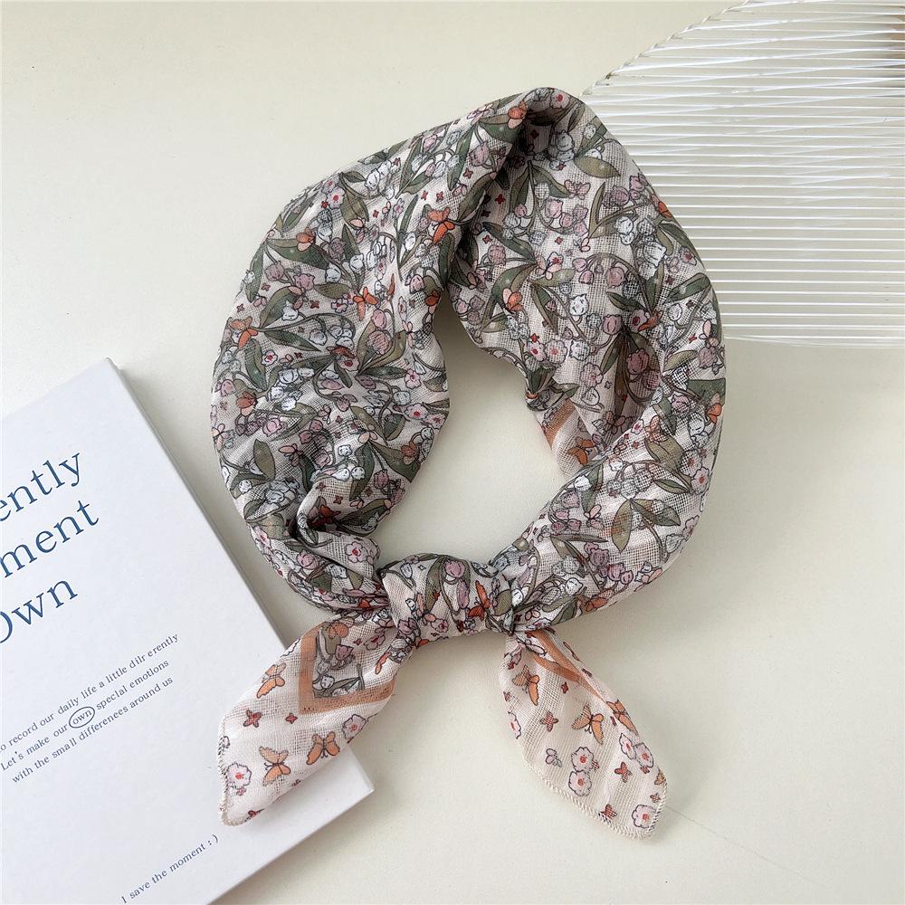58 Цветочный Хлопково-Льняной Шарф: Корейский шейный платок с мелким цветочным принтом на весну, лето, осень - Универсальная повязка на голову и головной платок