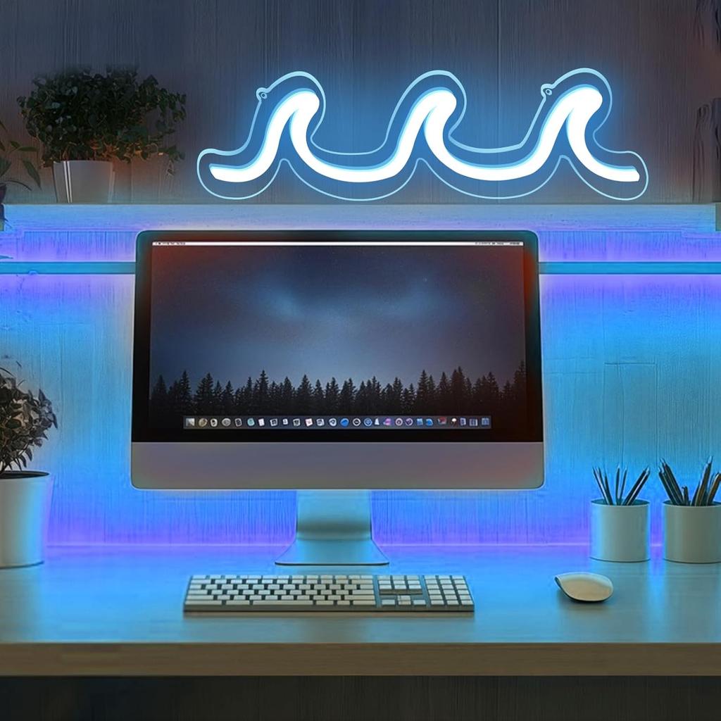 Неоновые вывески «Волна» Светло-голубые светодиодные ночники с диммируемым переключателем для детского настенного декора Питание от USB для гостиной, бара, спальни, рождественский подарок(11.8 *