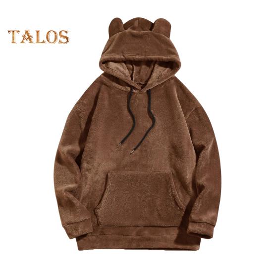 Зимняя мужская толстовка с капюшоном с декором в виде мультяшных ушей, двусторонний бархат с большим передним карманом, свободный длинный рукав, термотоп с эластичными манжетами, повседневная, на каждый день