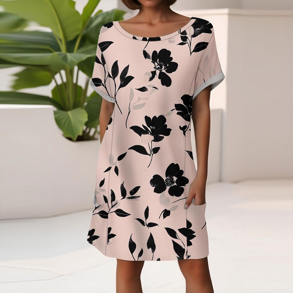 Women's Fashion Short Sleeve Dress With Pockets Floral Print Casual Beach Dress
