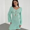 Summer Beach Sexy Knit Dress For Women Solid Bodycon Long Sleeve Hollow Out Mini Dress Femme Sexy Backless High Waist Knitwear Cover Up Dresses Ladies