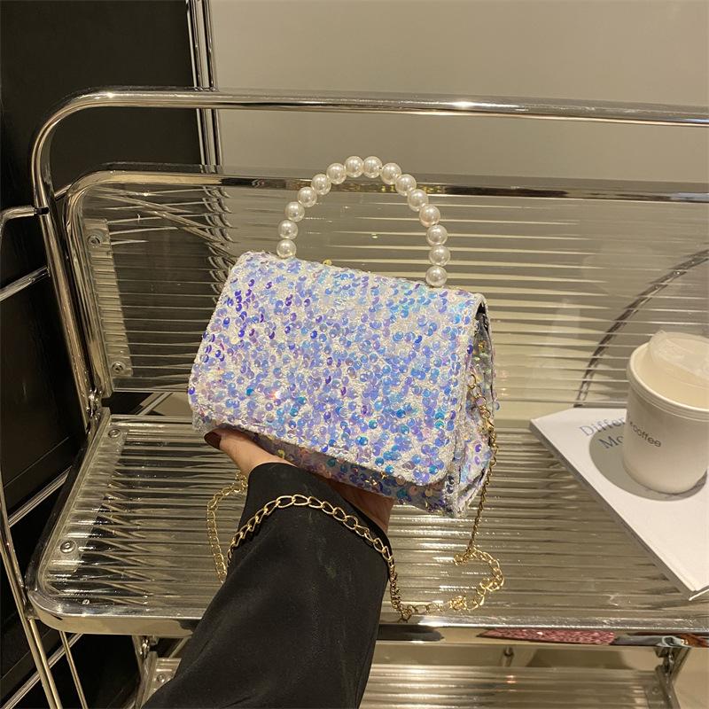 Foreign Style Simple Sequined Pearl Handbag Spring And Summer Versatile Chain Messenger Bag Small Square Bag Women