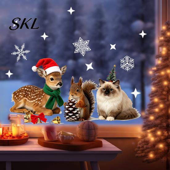 Waterproof Glass Stickers for Home Christmas Static Window with Cute Reindeer Squirrel Cat Design, Removable Clings, Decorative Film PVC Decals