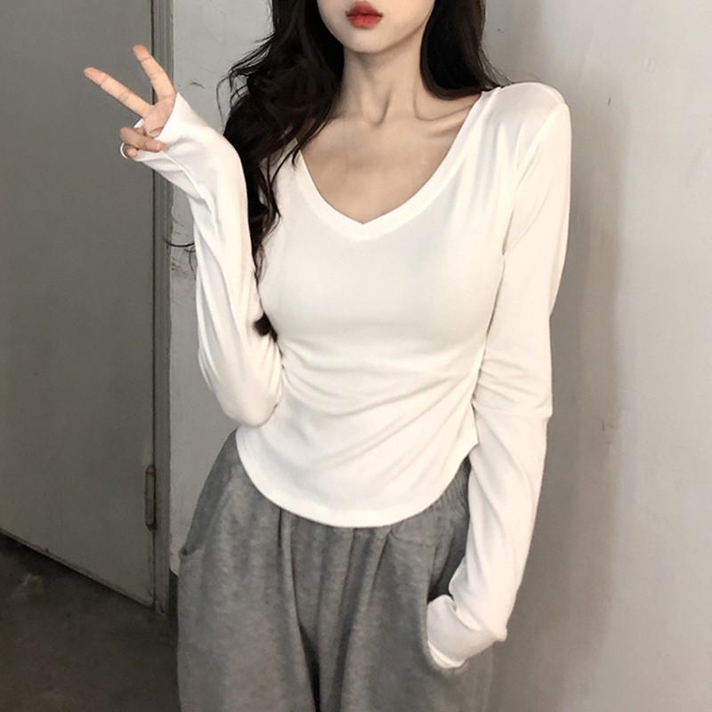 2024 Spring/Autumn Women's V-Neck Slim Fit Long-Sleeve Curved Hem Top