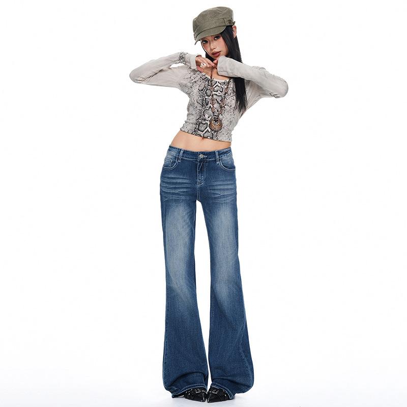 American Spice Girl micro-pull jeans women's autumn new low-rise straight loose and thin versatile bell pants