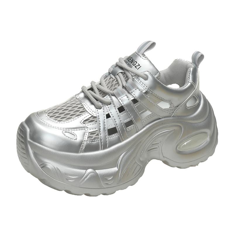 Модные 7,5 см Дышащие Полые Кожаные Женские Сандалии Вулканизированная Сетка Массивная Обувь Обувь на Платформе Высокие Каблуки Повседневные Летние Кроссовки