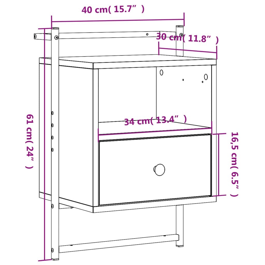 Wall Mounted Nightstand Grey Sonoma 40 x 30 x 61 cm Particleboard
