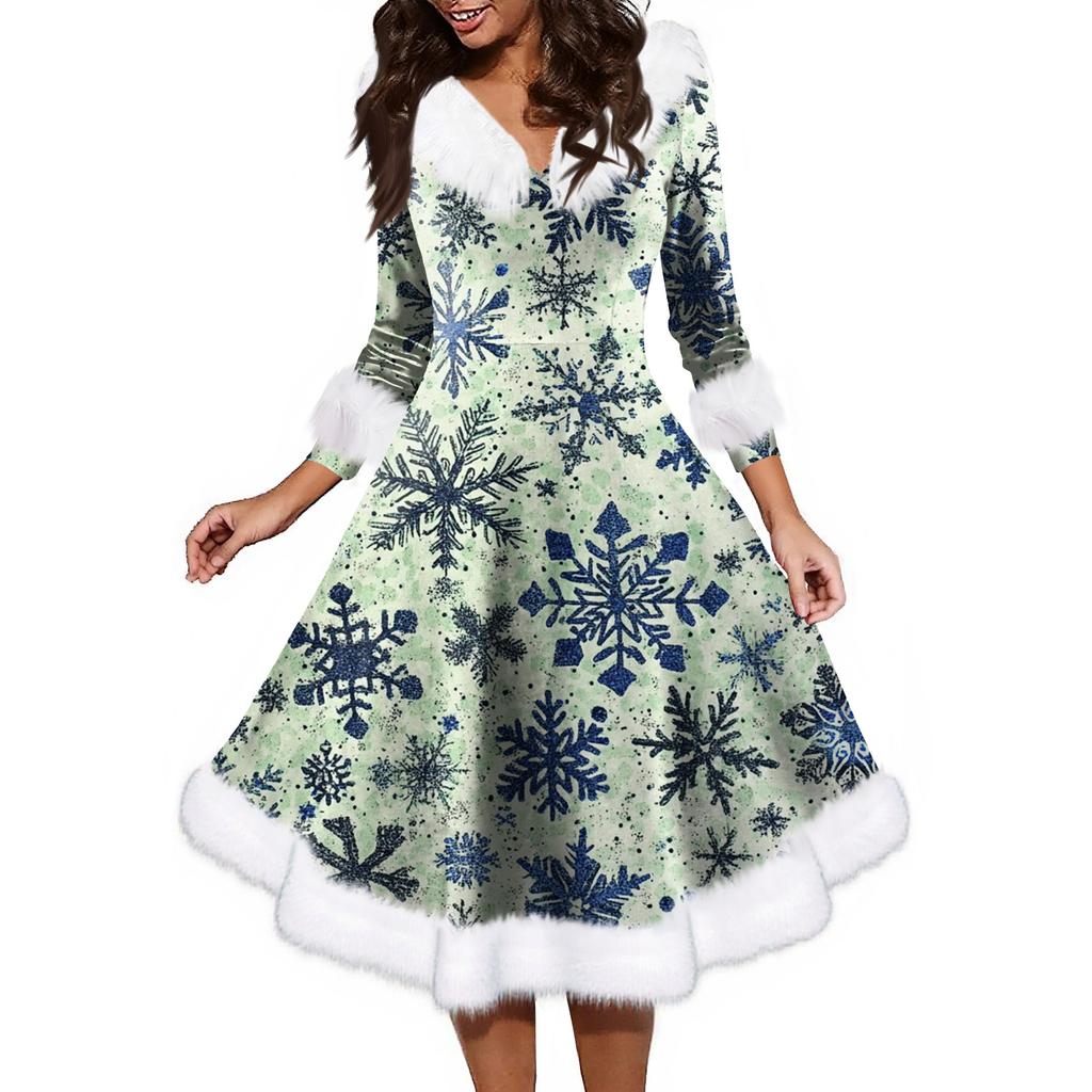 Women's Fashion V-neck Casual Fit Christmas Print Party Long Sleeve Dress
