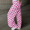 Women Pants Elastic High Waist Plaid Print Wide Leg Casual Pants