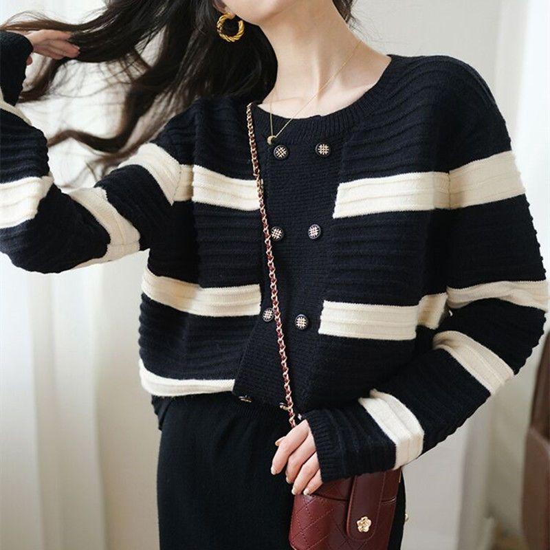 Полосатый французский стиль, маленький ароматный вязаный кардиган, женский свитер, осень 2023, новый милый кардиган с длинными рукавами, свитер, верхнее пальто