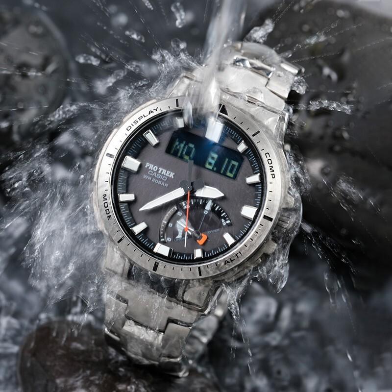 Casio Серия PRO TREK-Дисковый двойной дисплей Металлический Наручный Радиоуправляемый Солнечный Спортивный Водонепроницаемый Кварцевый Механизм Титановый Ремешок PRW-70YT-7PRD