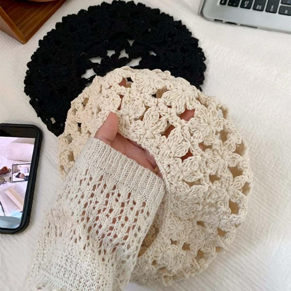 Linen Hollowed Out Beret Hat Cotton Spring Crochet Knitted Cap Lace Hollow Flower Hat  Beach