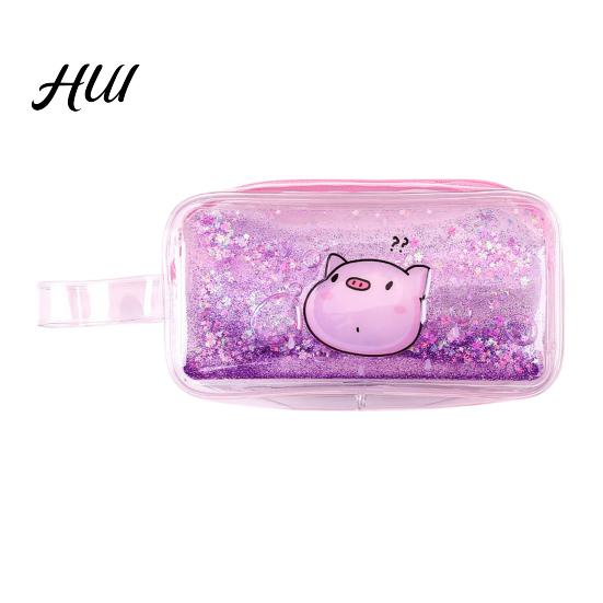 Cute Cartoon Pencil Case Shiny Transparent PVC Makeup Bag Waterproof Travel Cosmetic Wide Edge Storage Pouch Glitter Sequin for Pens Brushes Quicksand