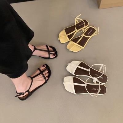 Французские сандалии на плоской подошве с тонкими ремешками женская обувь 2025 новая летняя корейская версия универсальные минималистичные пляжные туфли римские сандалии