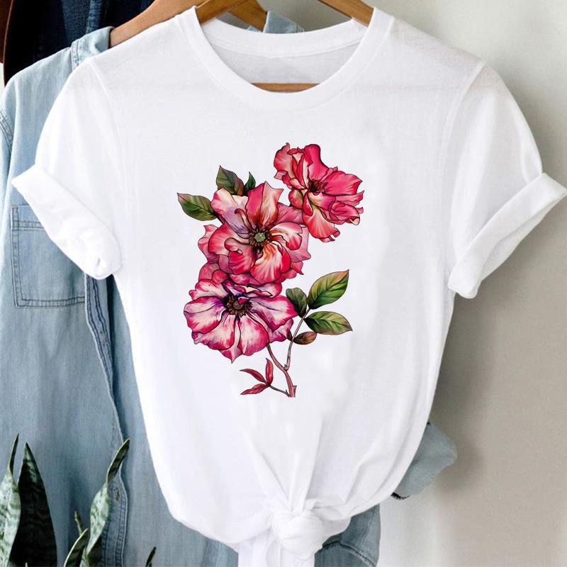 (Азиатский размер) Женская женская футболка с принтом, цветочный акварельный стиль, милая одежда 90-х годов, повседневная модная футболка с коротким рукавом, женские футболки с графикой