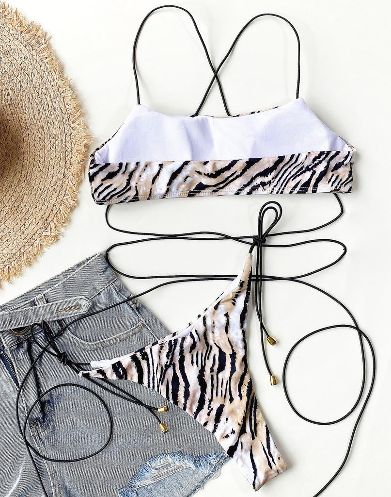 Women's Split Swimsuit Sexy Swimsuit Leopard Print Back Tie Bikini Set