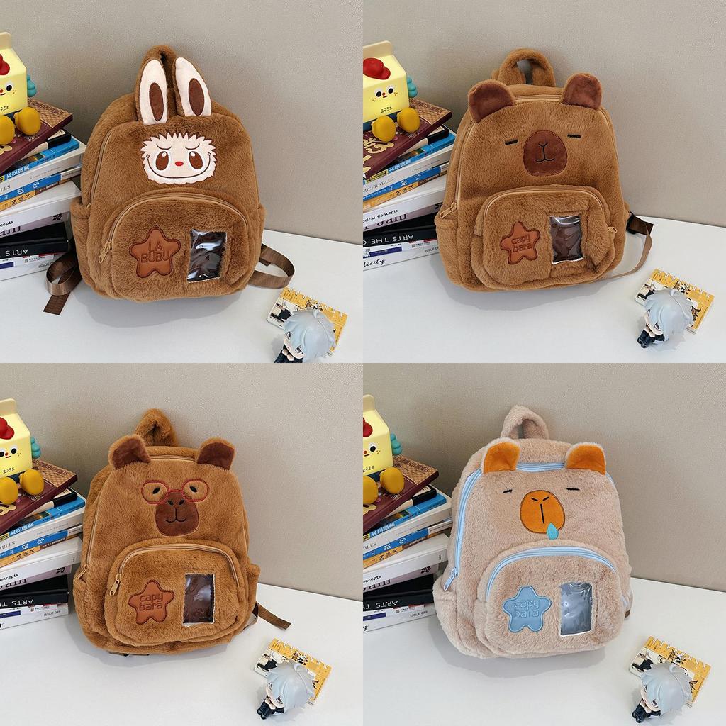 Plush Capybara Cartoon Backpack With Front Pouch For Teen School Travel