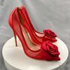 Red Flowers Lace Female Shoes 10Cm Pointy Toe Stiletto High Heel Ladies Dress Women Pumps Plus Size 33-45