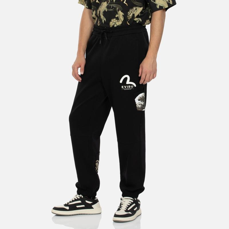 Evisu Спортивные повседневные брюки с принтом и множеством карманов, широкие штанины, мужские, черные 2EAHTM4SP7081LFCT