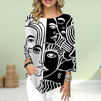 Женская футболка с рукавом три четверти и круглым вырезом, свободные рубашки, повседневные футболки с абстрактным принтом линий