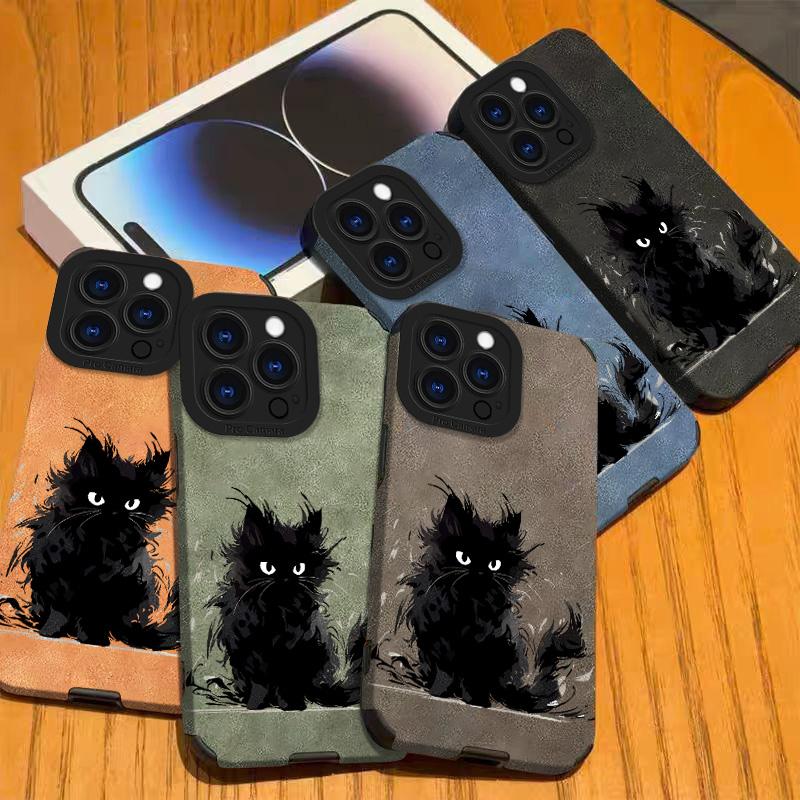 Черный кот Кожаная чехол-книжка для телефона из кожи ягненка Для iPhone 17 Pro Max Air 16 15 14 13 12 11 Pro Max Plus X XS MAX XR Жесткая задняя крышка