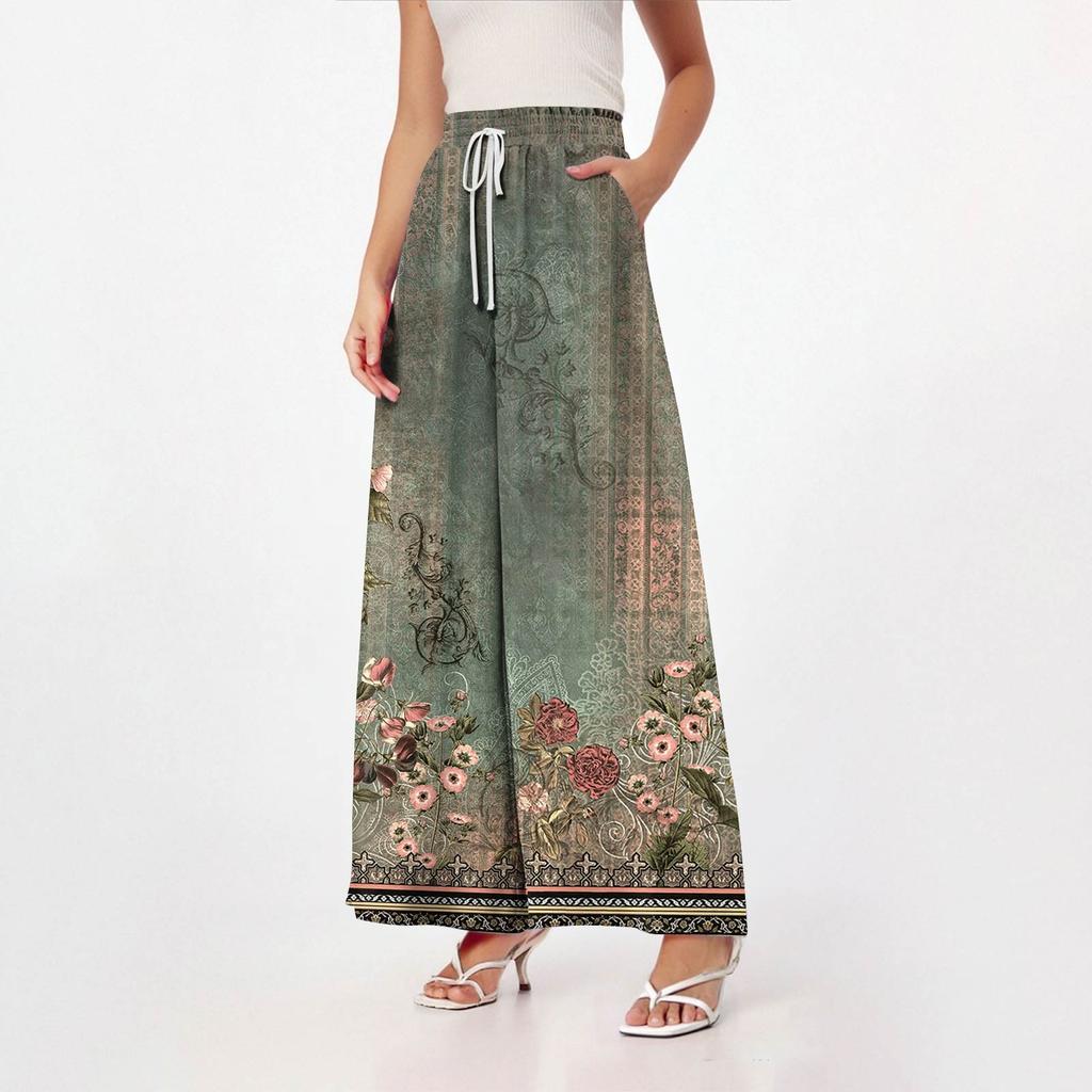 Women's Palazzo Pants Boho Floral Wide Leg Trousers Summer Beach High Waisted Flowy Pants With Pockets