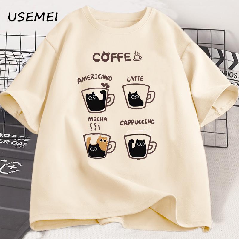 Cartoon Coffee Cat T-Shirts Men Women Summer Harajuku Kawaii Cat Printed Short Sleeve Tees Funny Streetwear Loose Clothes