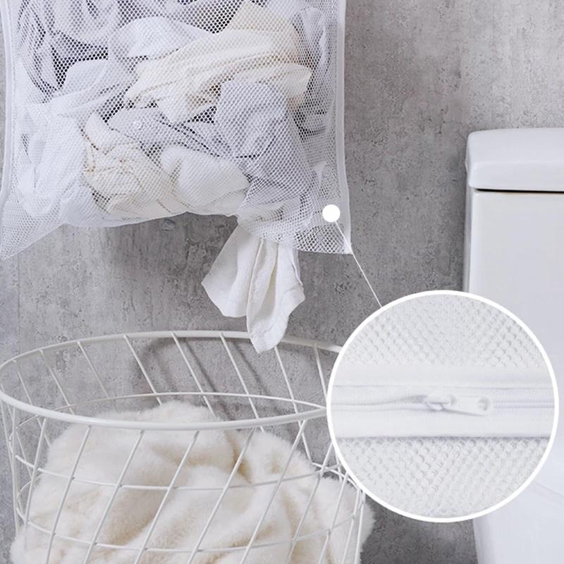 Dirty Clothes Storage Bag Basket Foldable Mesh Laundry Bathroom Wall Hanging Household Clothing Organizer With Hook