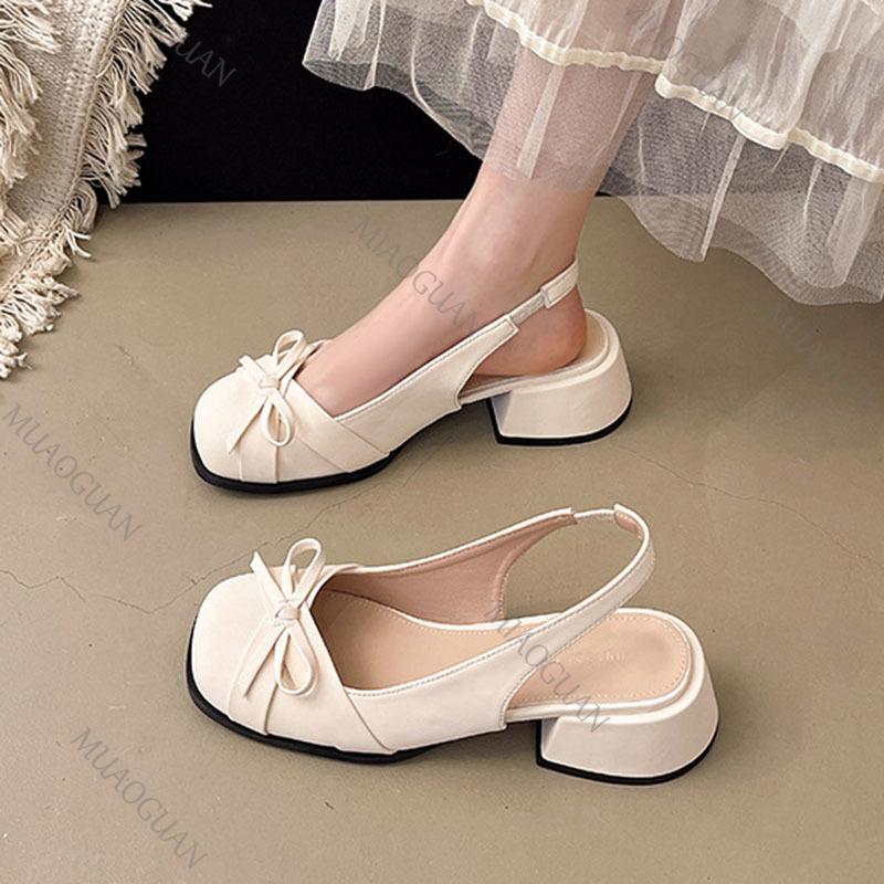 Fashion Baotou Sandals Women's Summer Mid Heel 2025 Spring Summer New Bow Back Strap Sandales Femme Sweet Square Head Women Single Shoes