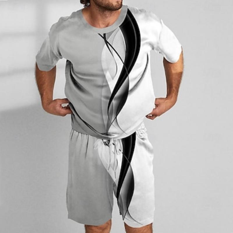Мужские летние комплекты из 2 футболок с геометрическим узором, летние шорты с круглым вырезом, спортивная повседневная одежда для отдыха на природе, 3D-принт