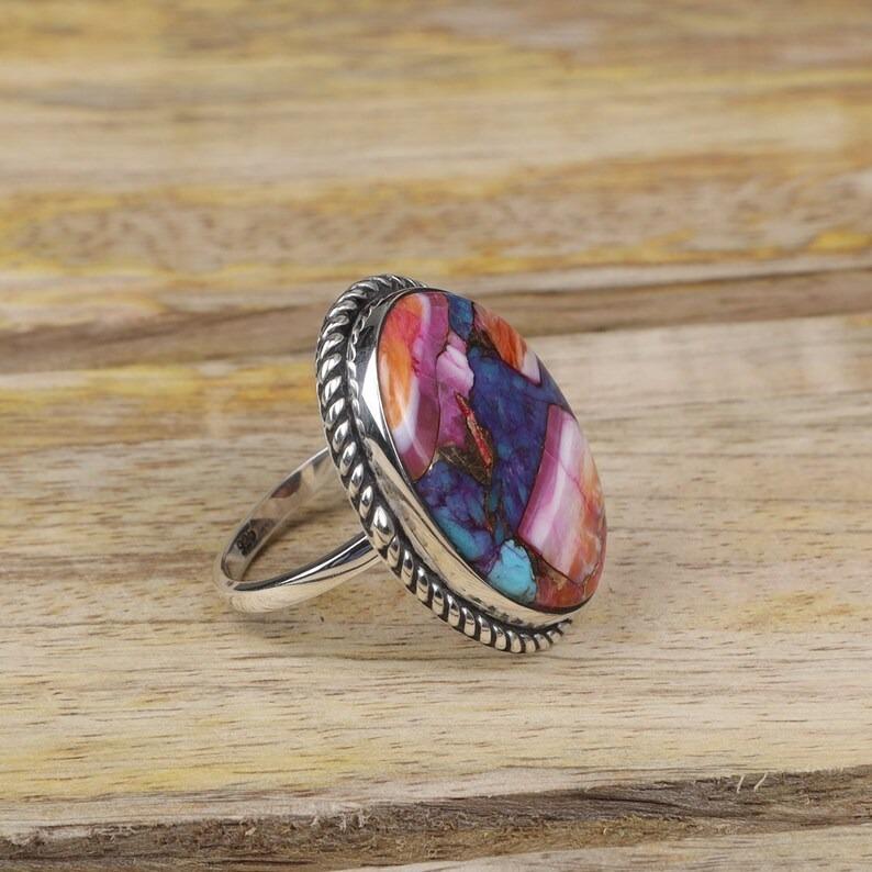 Серебро 925 пробы, Кольцо с овальным драгоценным камнем из меди и устрицы с бирюзой, Дизайнерское кольцо ручной работы, Кольцо в стиле бохо, Серебряные украшения-подвески, Кольцо с безелем, Юбилейное кольцо