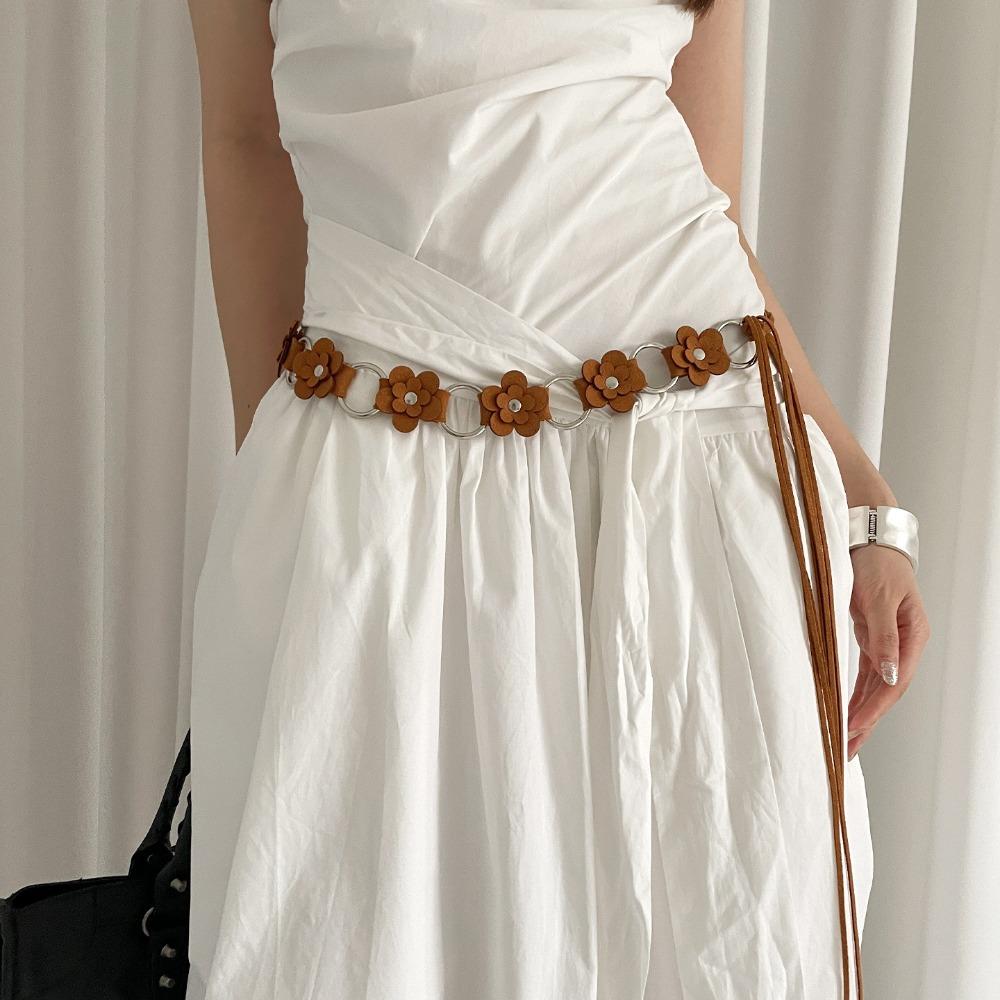 Double Small Flowers PU Leather Belt Adjustable Strap Waist Rope New Waistchain  Women Girls