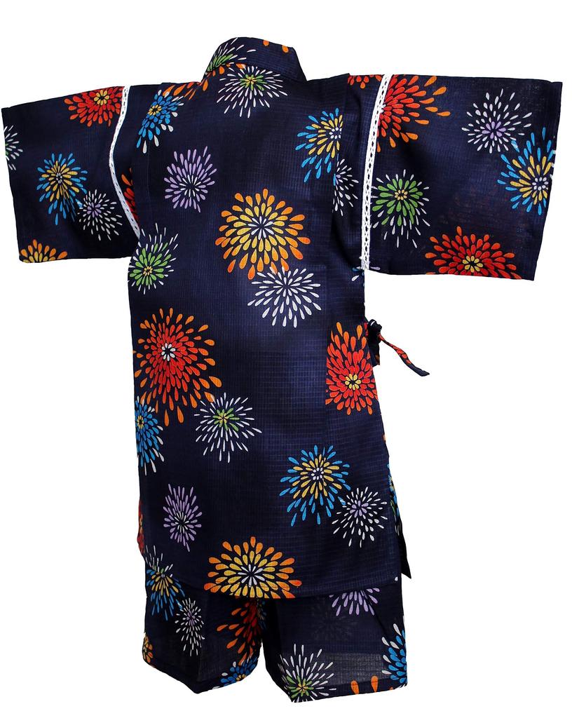 Fireworks Made In Red Summer Summer Room Wear [Warudo] Children's Jinbei, Girls, Kids, Jinbei, Pattern, Navy, Japan, Plum, 100% Cotton, Sizes 90,