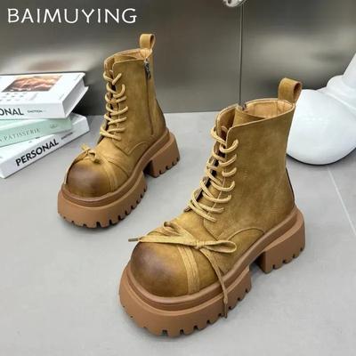 Женские зимние ботинки на толстой платформе с ботильонами на среднем каблуке с бантом, модные кожаные туфли для женщин, зима 2024, тренд, готика, челси, ботинки-ботинки Mujer