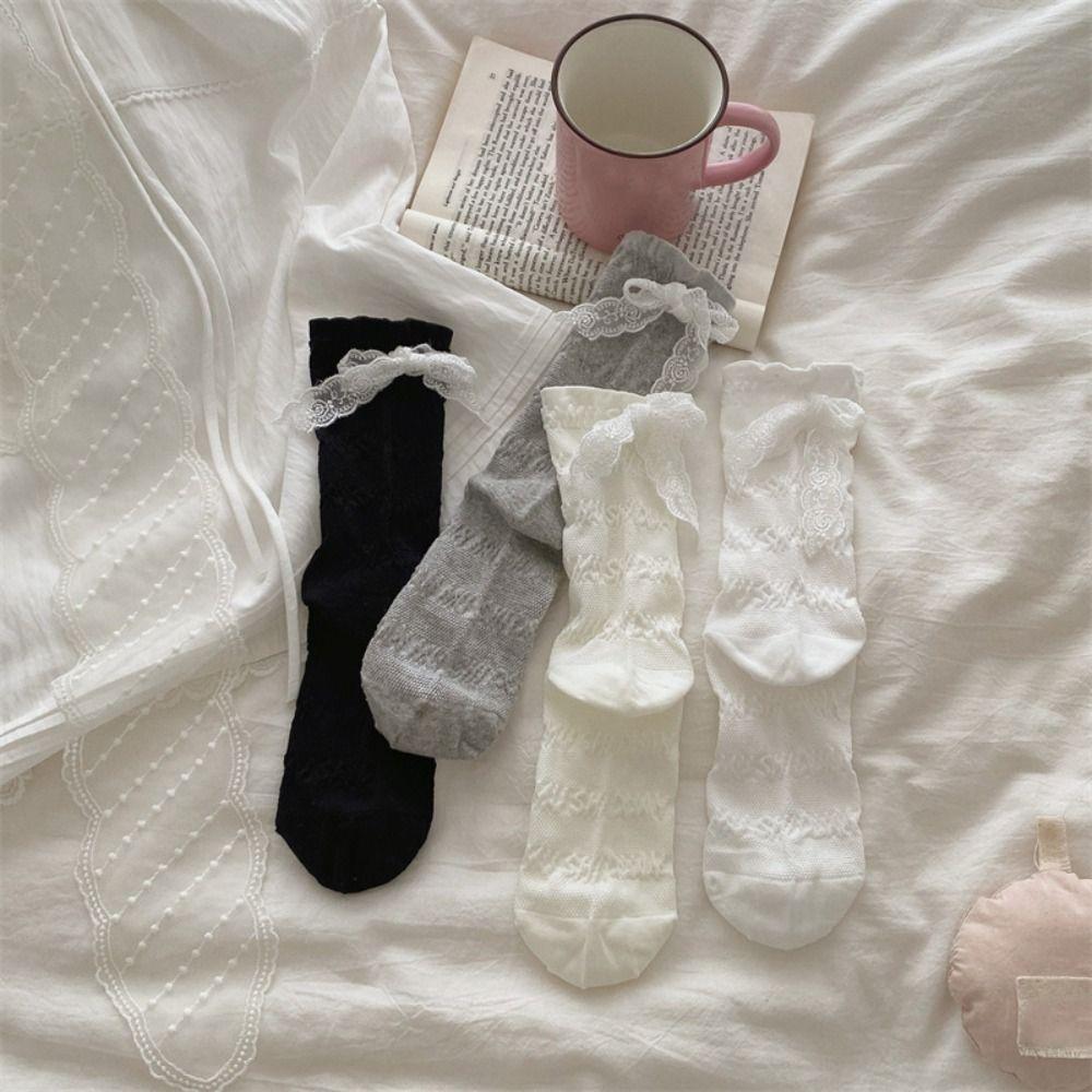 3Pairs Ins Style Lace Bow Socks Thin Sweet Socks Women Soft Mid Tube Socks  Lady