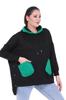 Women's Style Big Size Sweatshirt Large Size Extra Comfortable Fit Black Sweatshirt With Green Pocket Detail