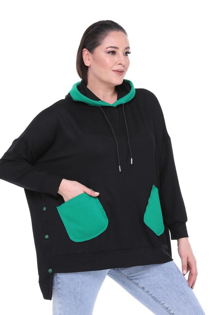 Women's Style Big Size Sweatshirt Large Size Extra Comfortable Fit Black Sweatshirt With Green Pocket Detail