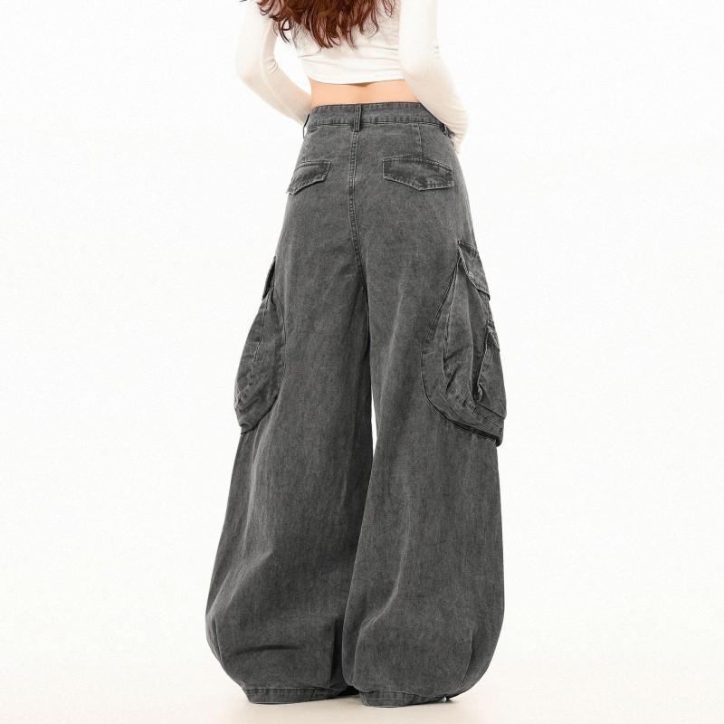Unisex Vintage Workwear Cargo Pants Loose Wide Leg Streetwear Trousers With Side Pockets Cotton
