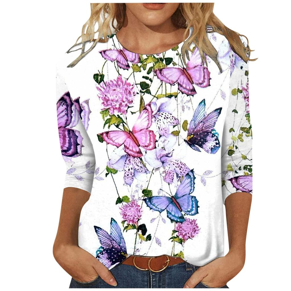 Women's Fashion Casual Round Neck 3/4 Sleeve Loose Printed T-Shirt Ladies Top