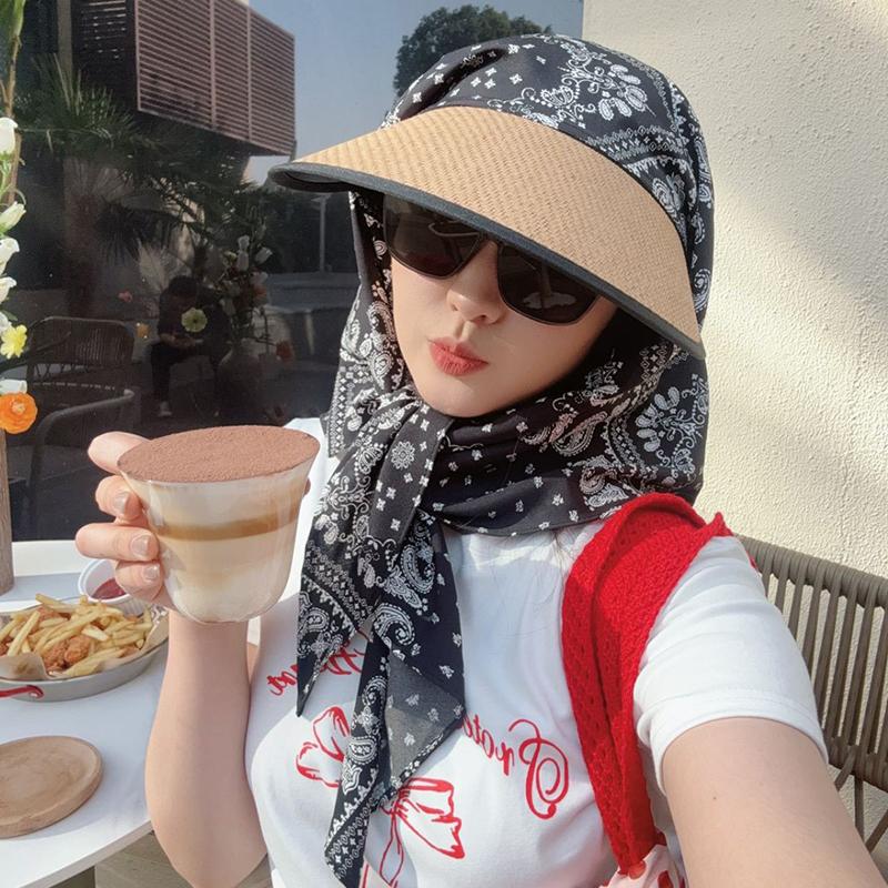 Солнцезащитная шляпа с шарфом, широкополая летняя пляжная шляпа с защитой от ультрафиолета, женская шляпа-хиджаб от солнца, кепка в стиле бохо-шик от солнца