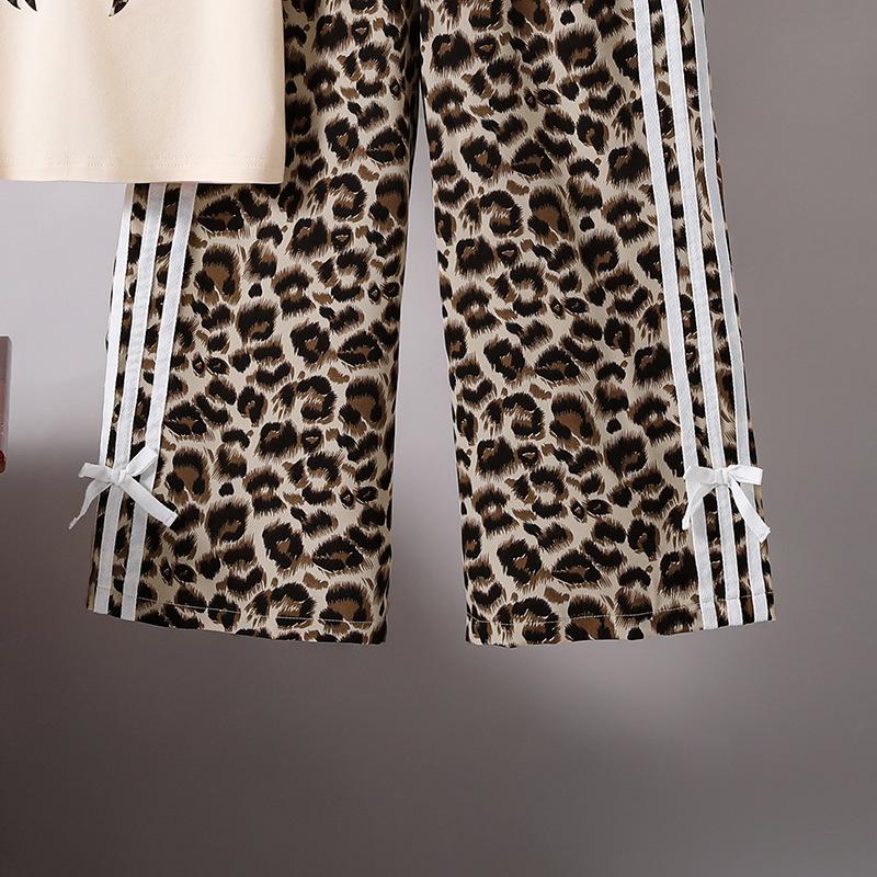 Одежда для девочек, летний модный леопардовый принт с бантом, брюки с короткими рукавами, детский костюм для больших детей