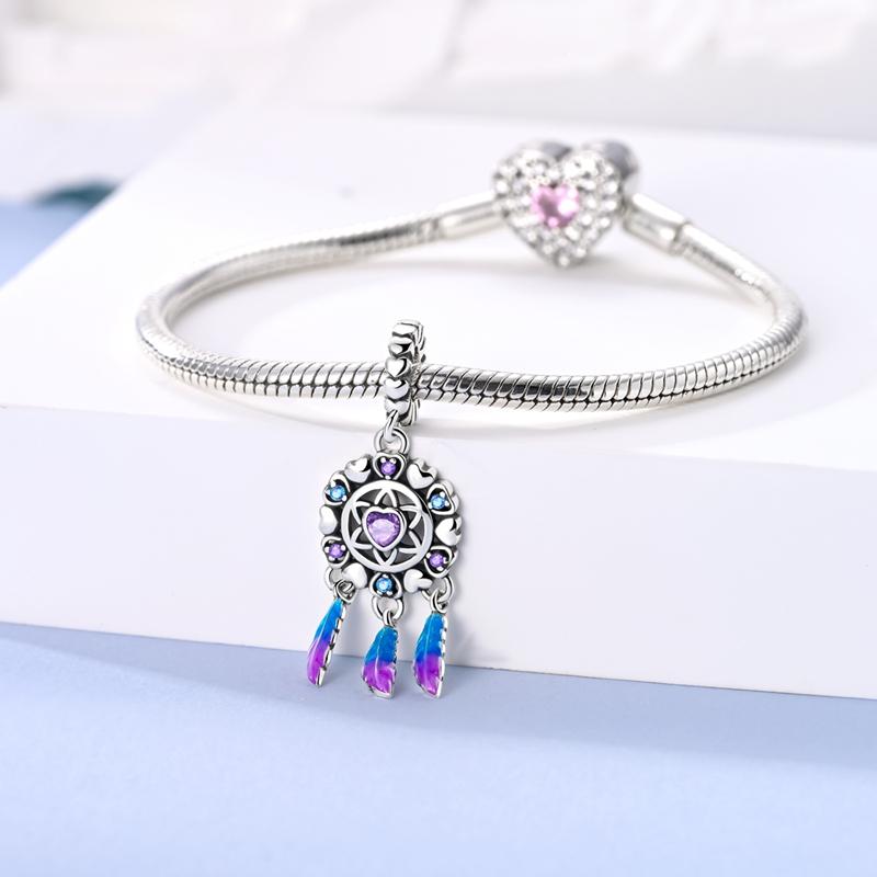 S925 Silver Dream Catcher Pendant Colored Feathers Lucky Beads Fit Bracelet Anniversary Fine Gift Accessory Diy