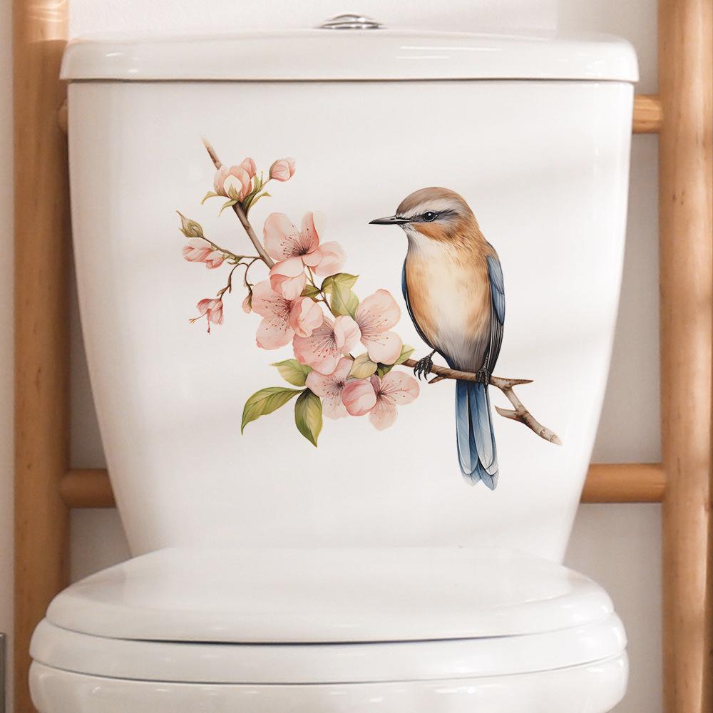 Мультфильм персиковое дерево ветви птица туалет столб ванная комната ванная комната украшение дома настенная наклейка