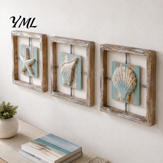 Bathroom Wall Art Decor 3D Beach Wooden Frame Art, Coastal Style Starfish/Conch/Shell Decor, Ocean House Ornaments Inspired Mount for Bedroom