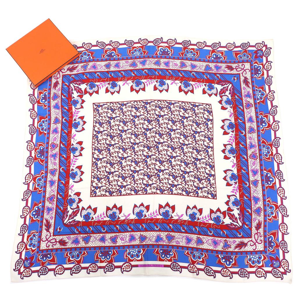 Great HERMES Scarf Paisley Motif All-over Print Stole Shawl Ivory Red Blue Silk Used