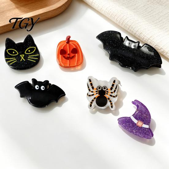 Festive Hair Decorations for Halloween Cartoon Clips Women Girls, Acrylic Glitter Pumpkin/Ghost/Bat/Cat Reliable Clamping Force Accessories,