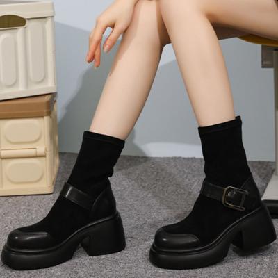 2024 Новые весенние и осенние однотонные модные круглые носки с пряжкой из сетки удобные квадратные каблуки рукава женские короткие сапоги