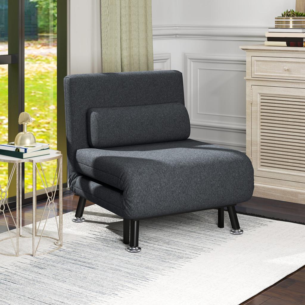3 In 1 Sofa Bed With Adjustable Backrest And Cushion Made Of Linen Effect Fabric And Steel Dark Gray